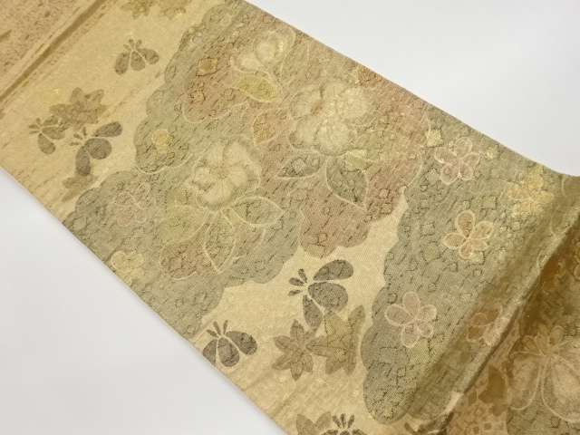 JAPANESE KIMONO / VINTAGE FUKURO OBI / WOVEN CLOUD & FLORAL PLANTS